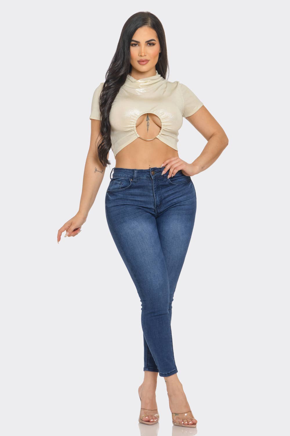 InVogue Slinky Foil Front O-Ring Cut Out Shirring Top