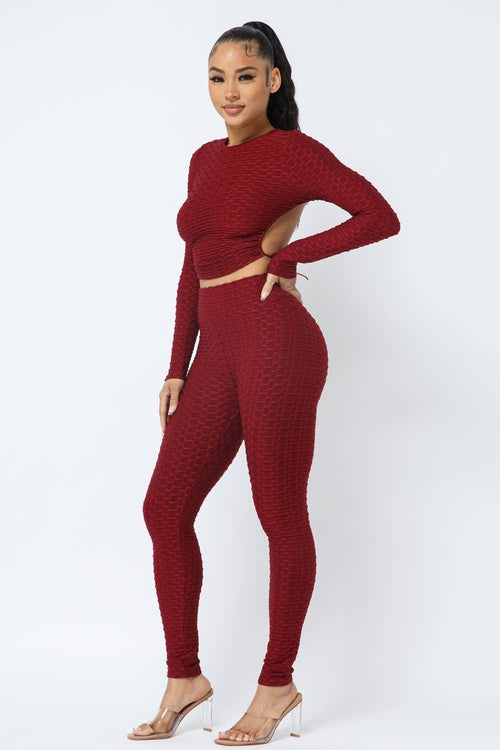 InVogue Honeycomb Open Back Tie Top and Leggings Set
