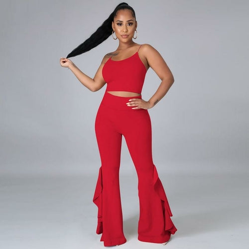 Solid Women Two Piece Outfits Straps Tank Crop Top and Ruffle Flare