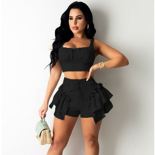 Sexy Ladies Beach Outfit Crop Tank Tops Ruffles Drawstring Shorts