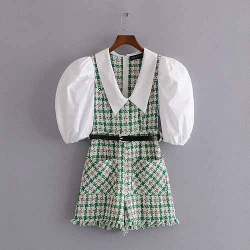 Tweed Knitted Plaid Romper Overalls for Women Vinatge Puff Sleeve