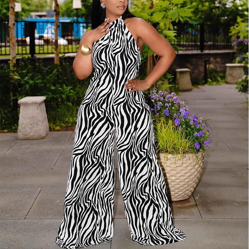 Halter Backless Zebra Printed Jumpsuit Casual Wide Leg Pants Loose