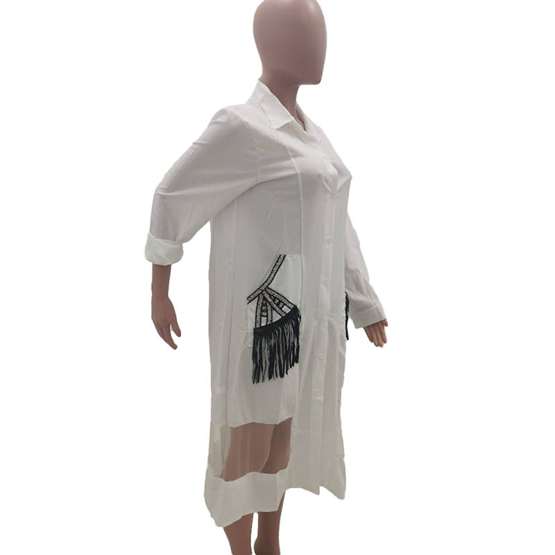 High Quality Casual Stitching Mesh Cardigan Shirt Midi Dress