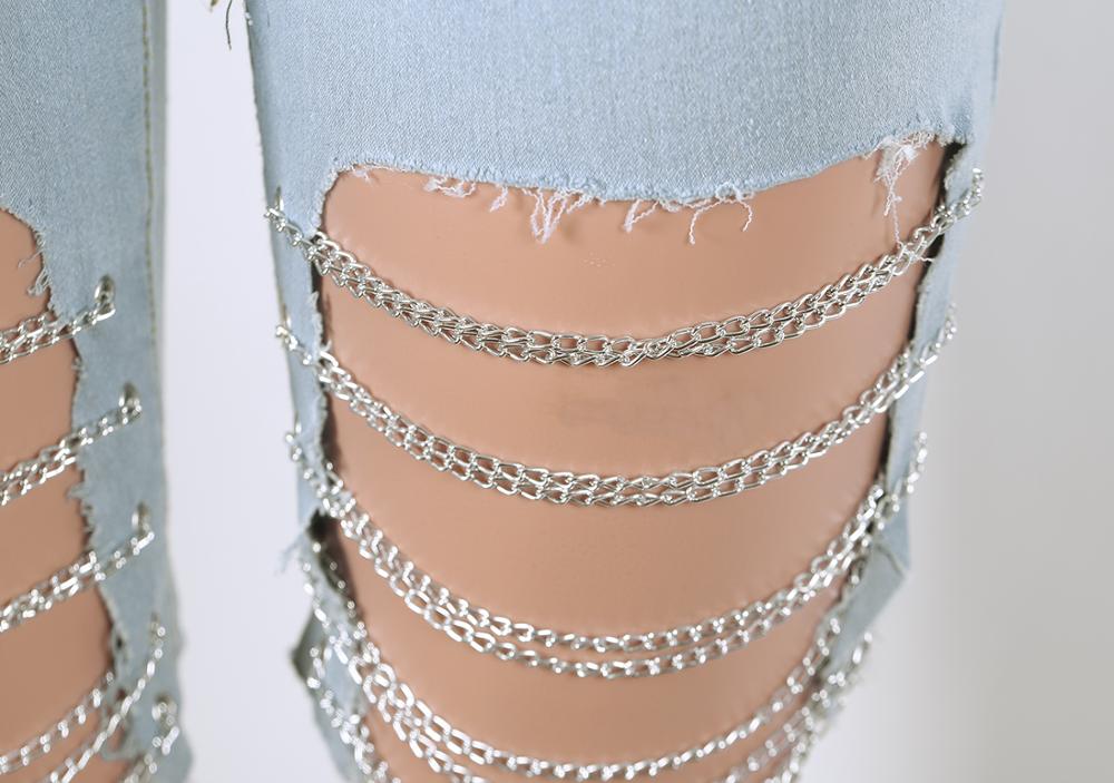 MN237 New fashion women's shredded chain design and knee jeans