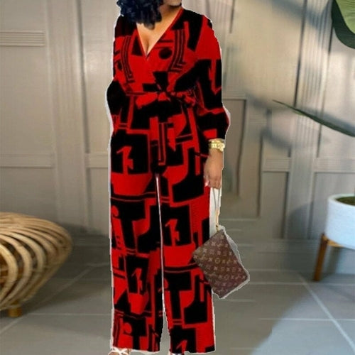 Vintage Pattern Print One Piece Jumpsuit Sexy Deep V Neck Overalls