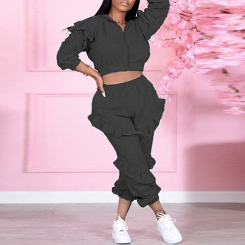 Casual Solid Two Piece Outfits Spring Zipper Hooded Coat + Ruffle
