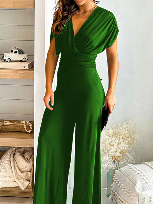 Solid V-Neck Ruched Jumpsuits Summer Sexy Sleeveless Overalls