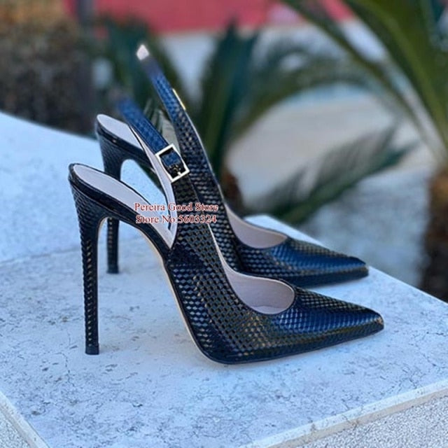 Sexy Snakeskin Leather Slingback Pumps Pointy Toe Shallow Stiletto Heels Dress Shoes Yellow Red Blue Pink Cut-out Heels Shoes