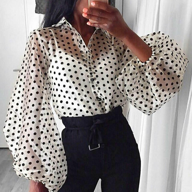 Women Polka Dot Retro Blouse Lady Early Autumn Modern Mesh Shirt Vogue See-through Loose Button Puff Sleeve Blouse High Street