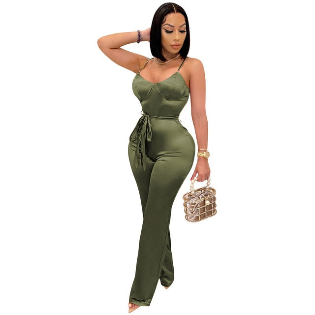 Cutubly Long Sleeve Jumpsuits And Rompers For Women Solid Sexy Jumpsuits Fashion Belt Spaghetti Strap Jumpsuits Club Wear