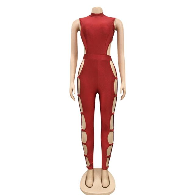 Kricesseen Sexy Solid Blue Hollow Out Long Pants Jumpsuit Women Sleeveless Back Zipper Skinny Romper Clubwear Jumpsuits 2021 New