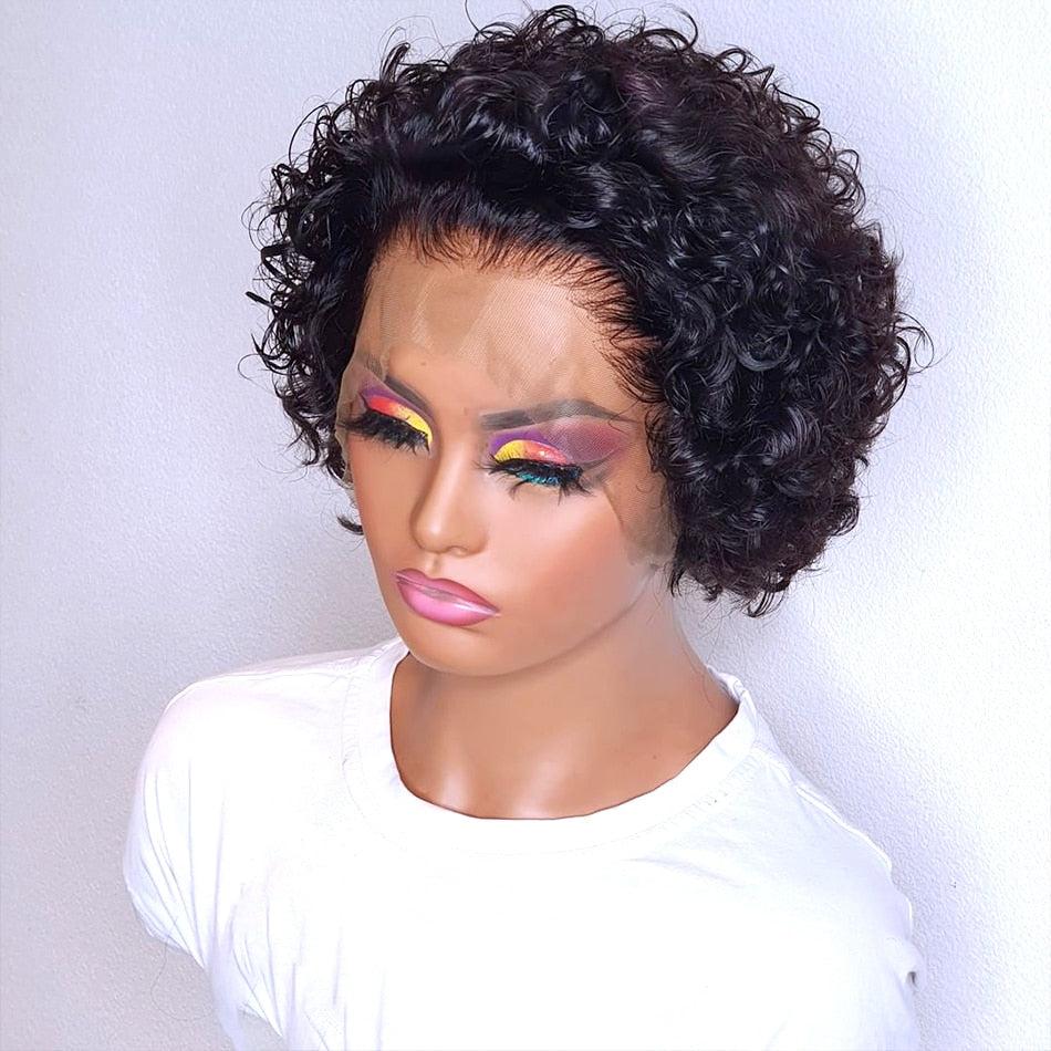 Pixie Cut Human Hair Wig 13x4 Lace Front Deep Curly Short Bob Wigs Peruvian Remy Pre Plucked Frontal Hair180% Density For Women