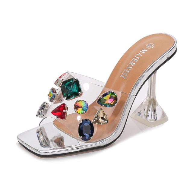 Summer Slippers Ladies Heels PVC Transparent Diamond Clear Femme Slides Peep Toe Cup Heel 9cm Sandals Women Shoes Pumps Size 46
