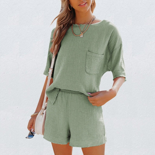Summer Casual Cotton Linen Pocket Sets Short Sleeve T Shirt And Elastic Shorts Two Piece Set Women Beach Solid Outfits Tracksuit