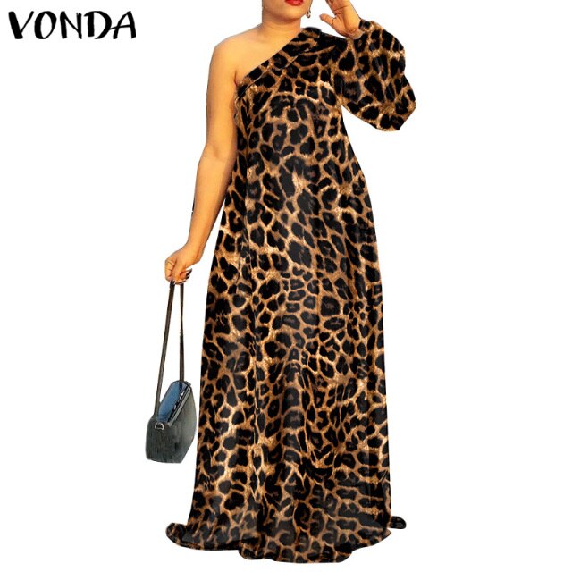 Women Summer Sundress Floral Print Party Maxi Dress 2021 VONDA Vintage Style One Shoulder Sexy Dress Vestidos
