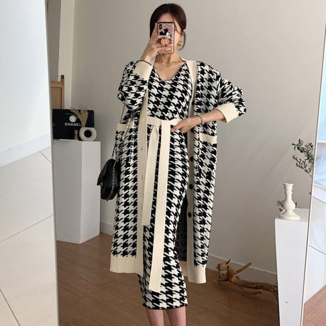 New Fall Women 2 Piece Sexy Dress Sets Houndstooth Plaid Straps V Neck Knit Sling Dress&Long Sweater Cardigan 2pc Matching Suits