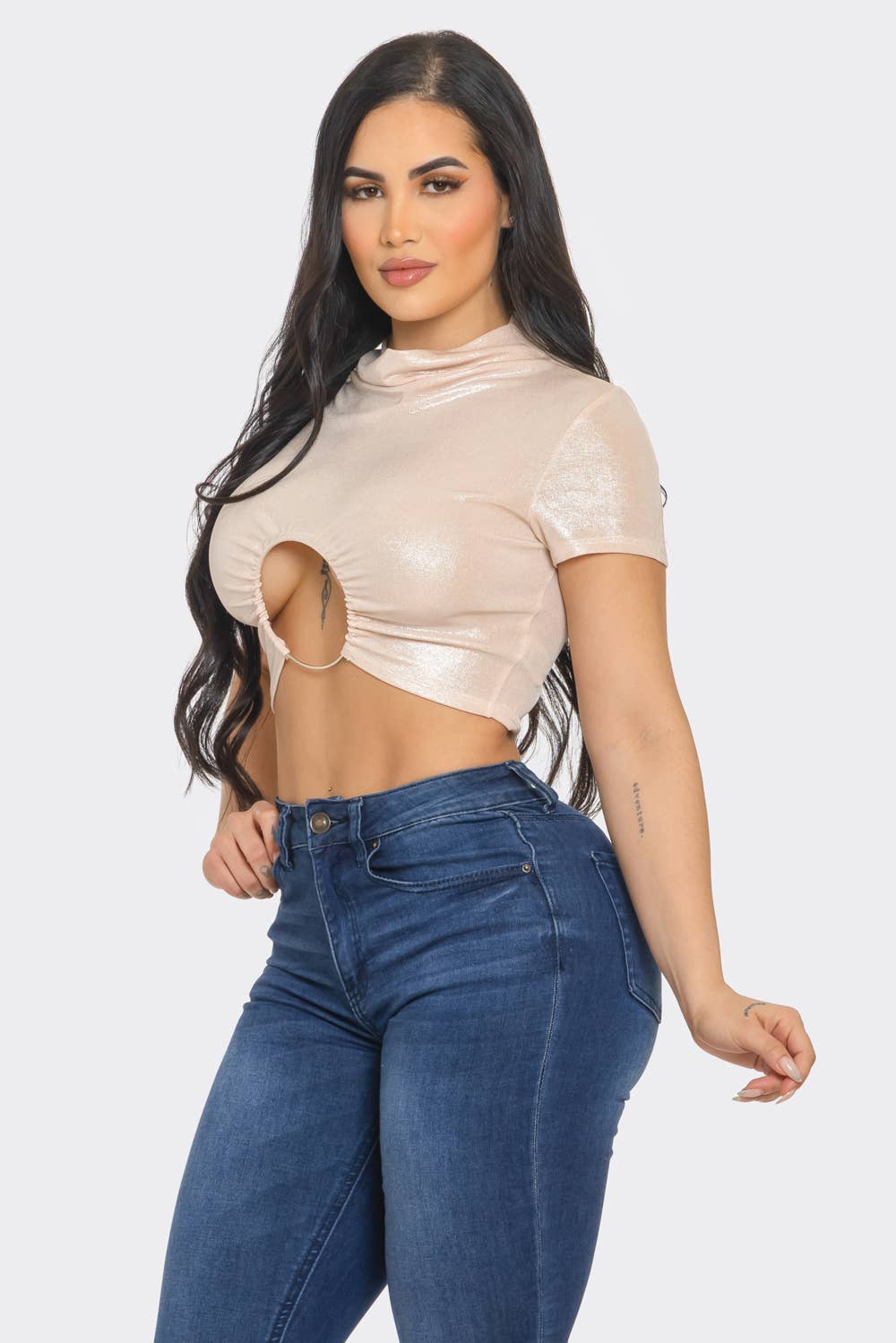 InVogue Slinky Foil Front O-Ring Cut Out Shirring Top