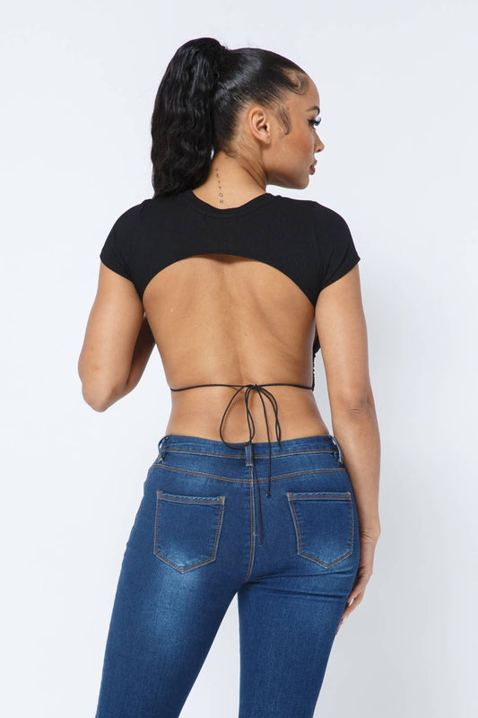 InVogue Rib Open Back String Tie Crop Top