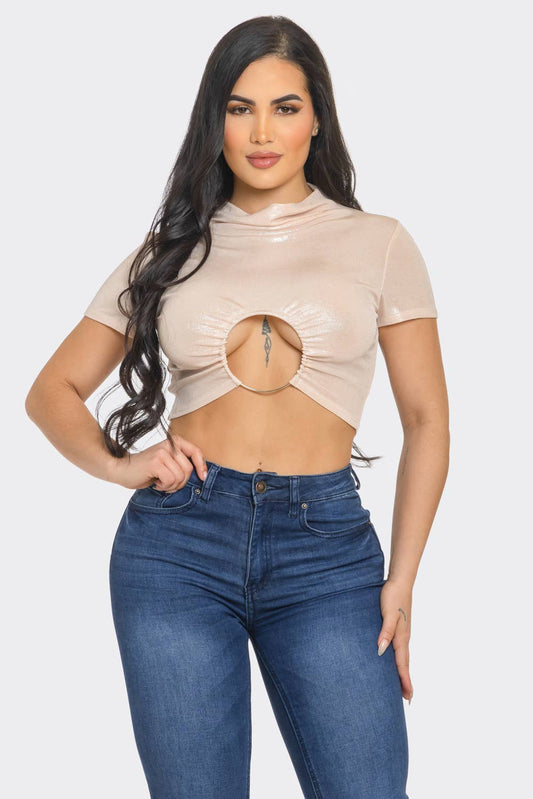 InVogue Slinky Foil Front O-Ring Cut Out Shirring Top