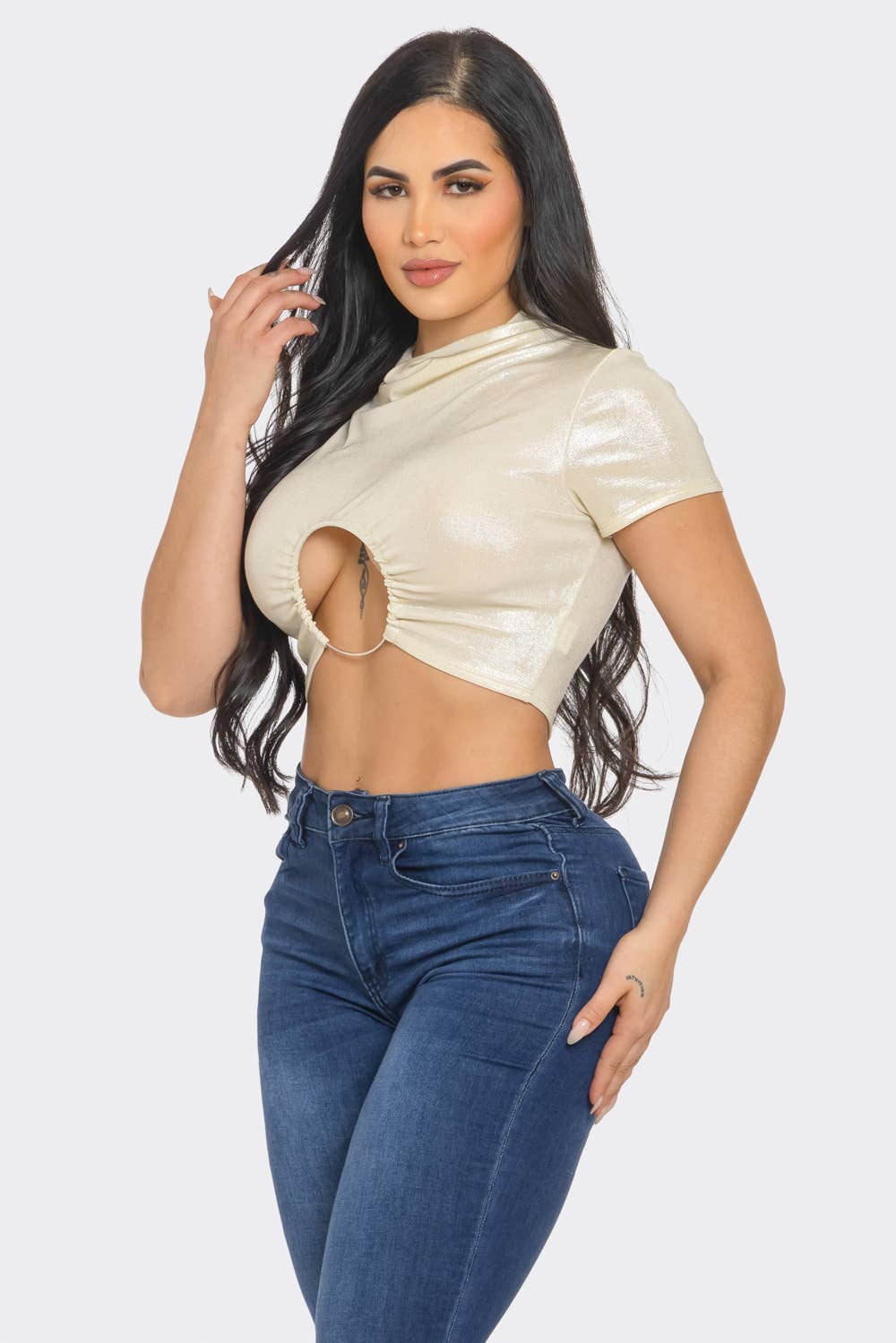 InVogue Slinky Foil Front O-Ring Cut Out Shirring Top