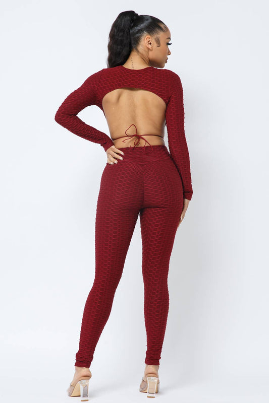 InVogue Honeycomb Open Back Tie Top and Leggings Set