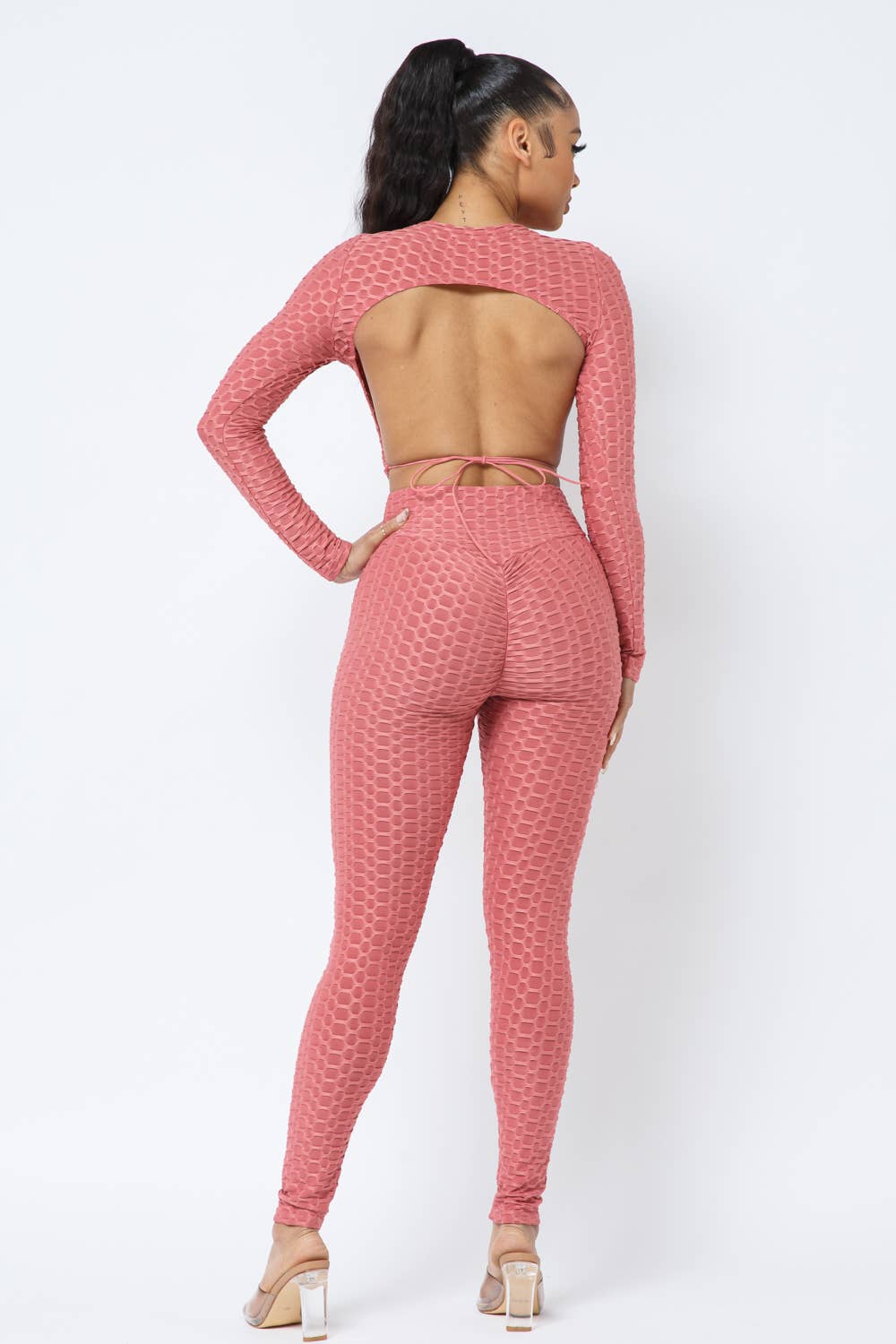 InVogue Honeycomb Open Back Tie Top and Leggings Set