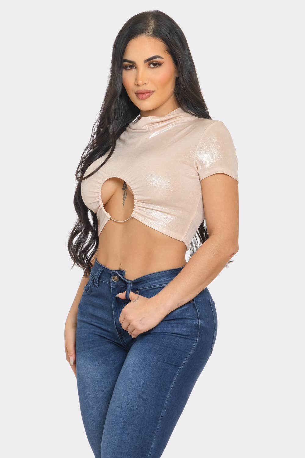 InVogue Slinky Foil Front O-Ring Cut Out Shirring Top