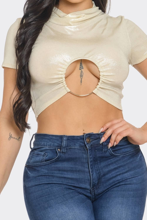 InVogue Slinky Foil Front O-Ring Cut Out Shirring Top