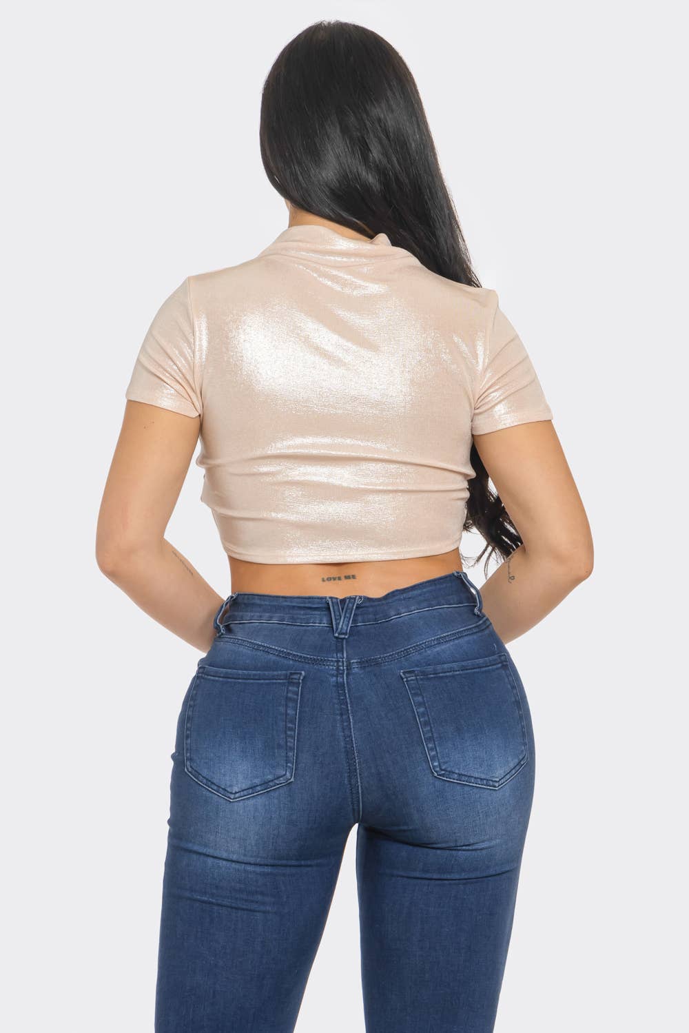 InVogue Slinky Foil Front O-Ring Cut Out Shirring Top