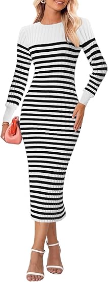 Women's Striped Sweater Dress, Long Sleeve Round Neck Slim Fit Ribbed
