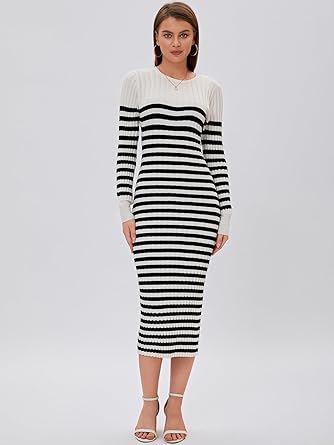 Women's Striped Sweater Dress, Long Sleeve Round Neck Slim Fit Ribbed