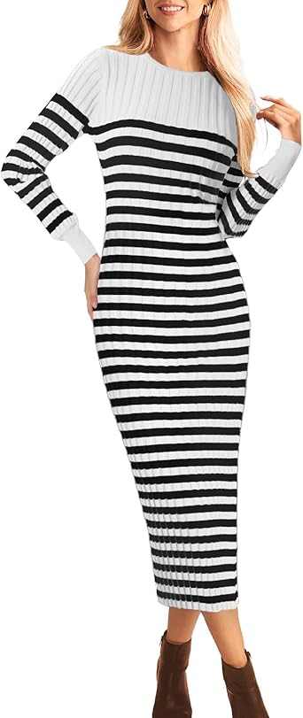 Women's Striped Sweater Dress, Long Sleeve Round Neck Slim Fit Ribbed