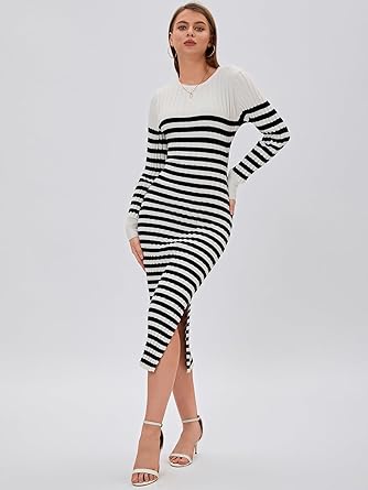 Women's Striped Sweater Dress, Long Sleeve Round Neck Slim Fit Ribbed