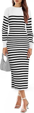 Women's Striped Sweater Dress, Long Sleeve Round Neck Slim Fit Ribbed
