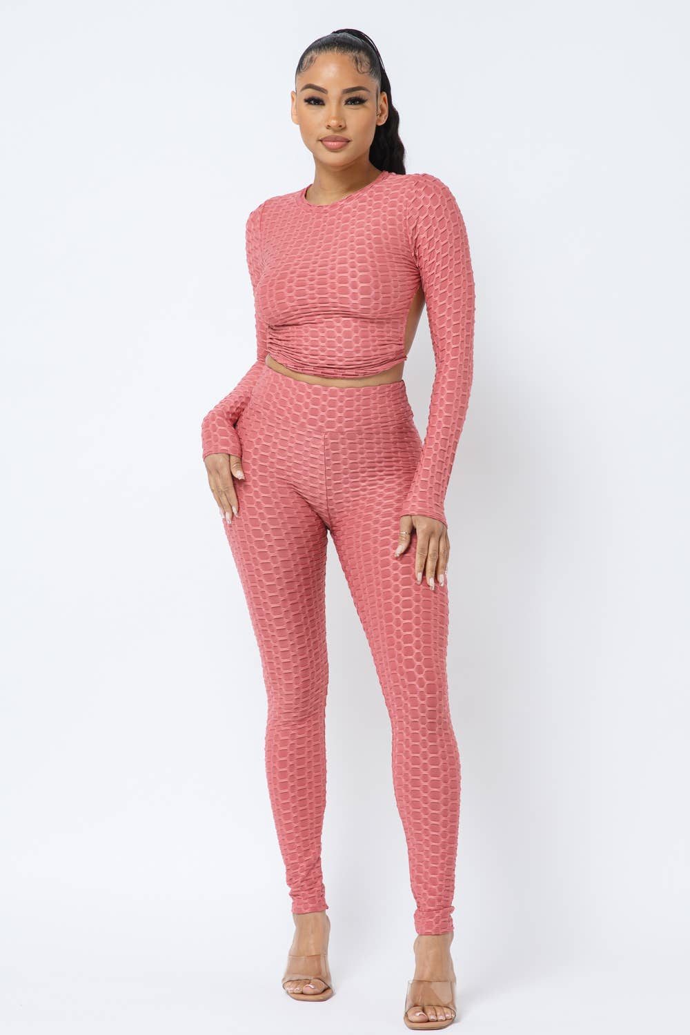InVogue Honeycomb Open Back Tie Top and Leggings Set