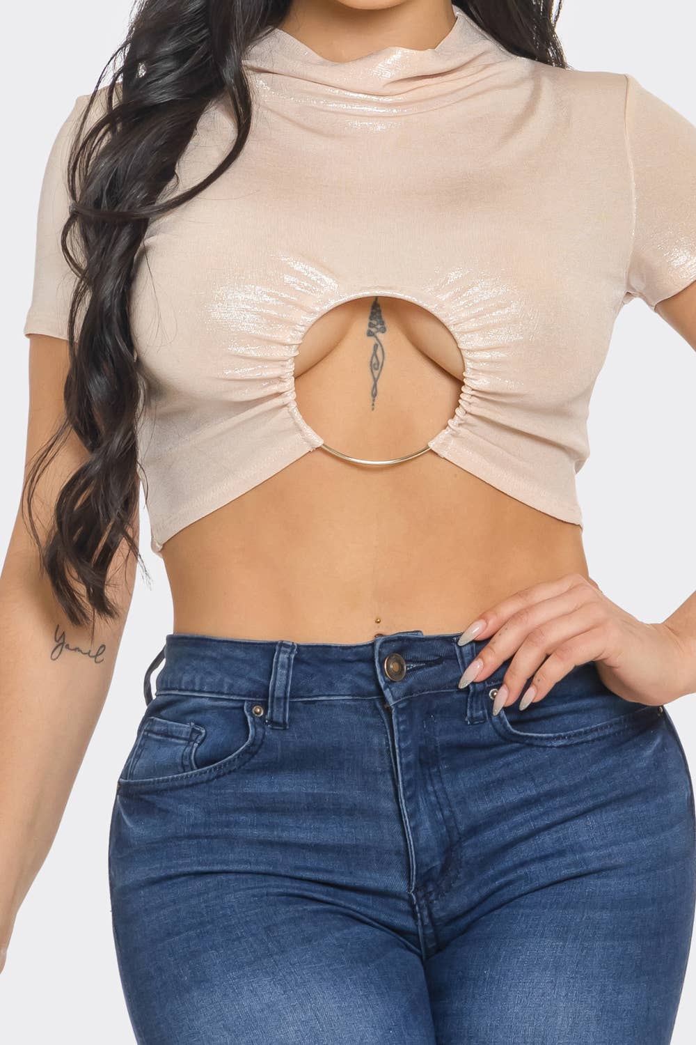 InVogue Slinky Foil Front O-Ring Cut Out Shirring Top