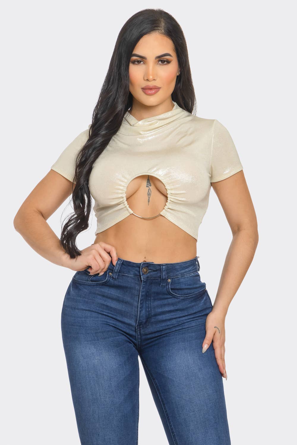 InVogue Slinky Foil Front O-Ring Cut Out Shirring Top
