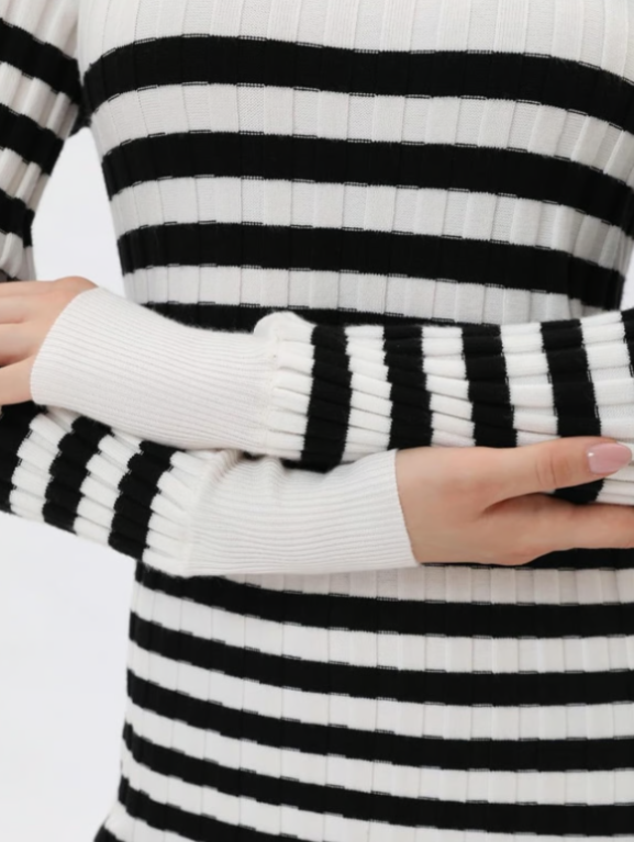 Women's Striped Sweater Dress, Long Sleeve Round Neck Slim Fit Ribbed