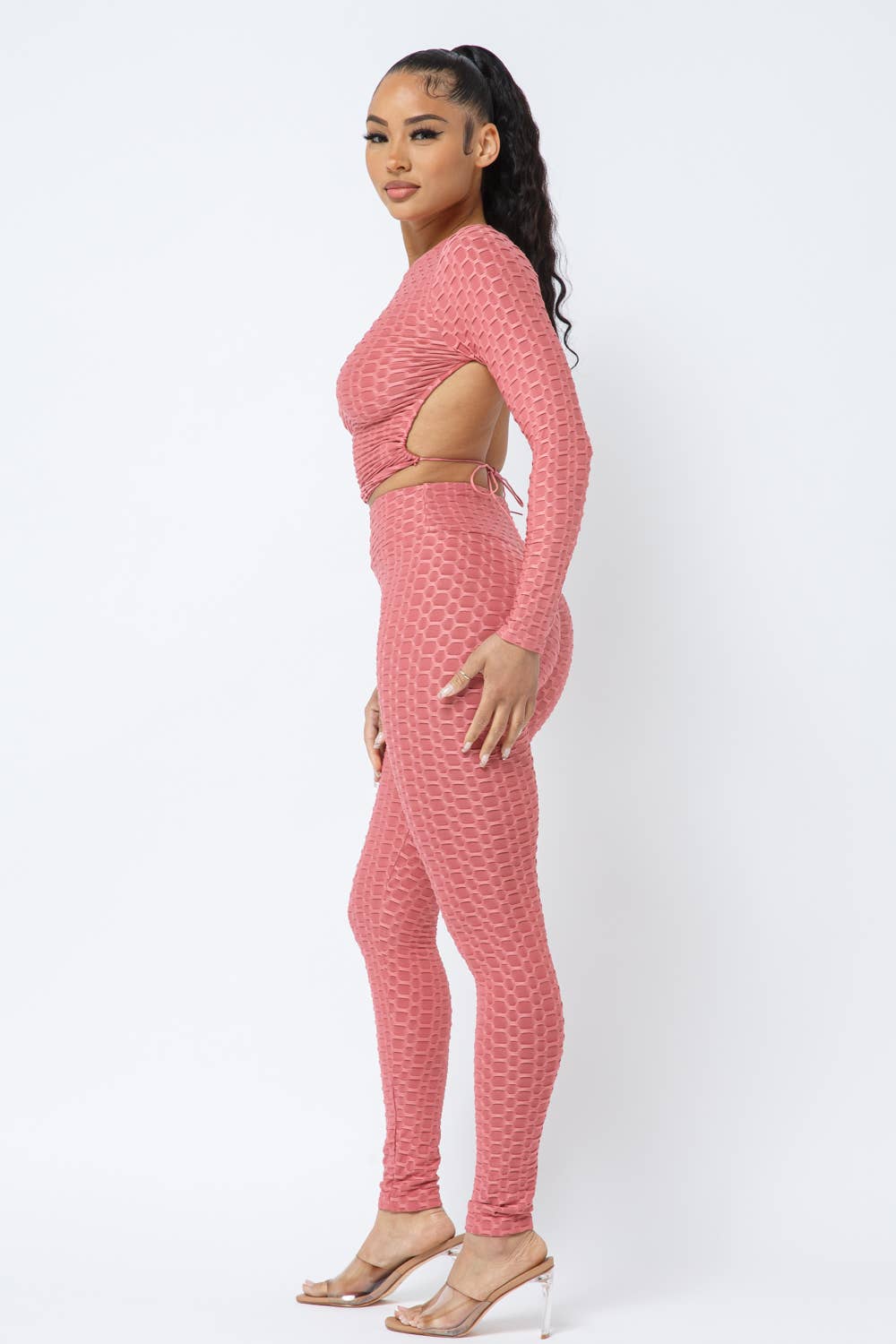InVogue Honeycomb Open Back Tie Top and Leggings Set