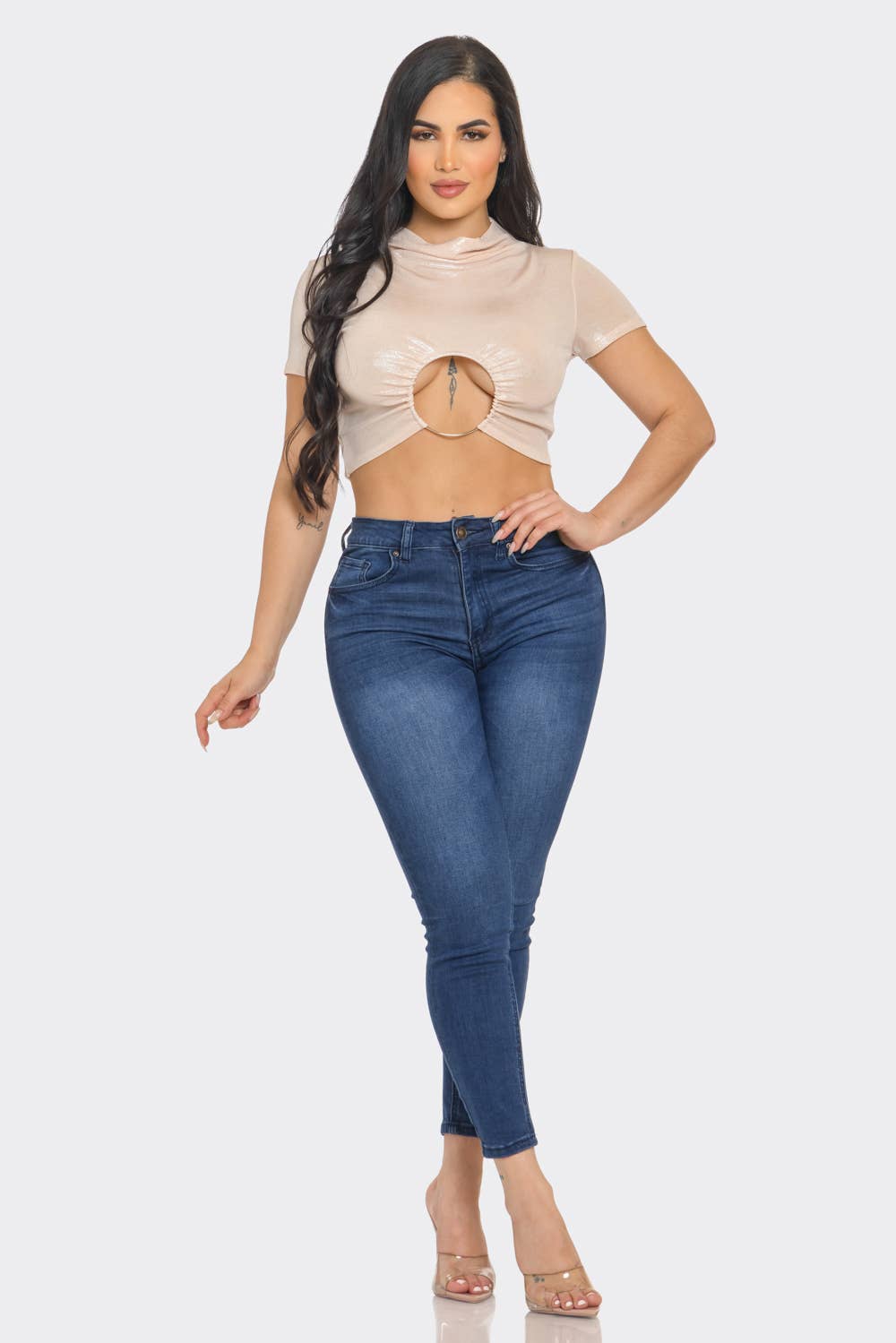 InVogue Slinky Foil Front O-Ring Cut Out Shirring Top