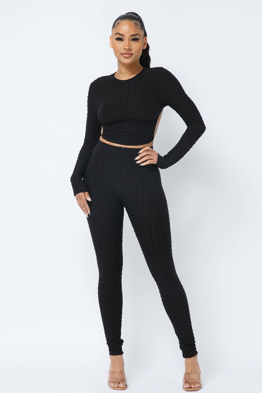 InVogue Honeycomb Open Back Tie Top and Leggings Set