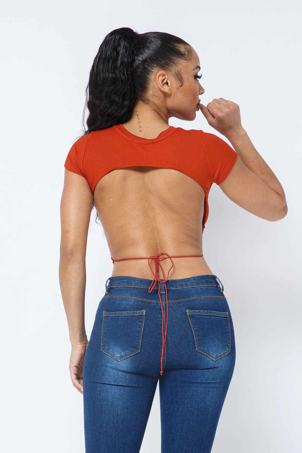 InVogue Rib Open Back String Tie Crop Top