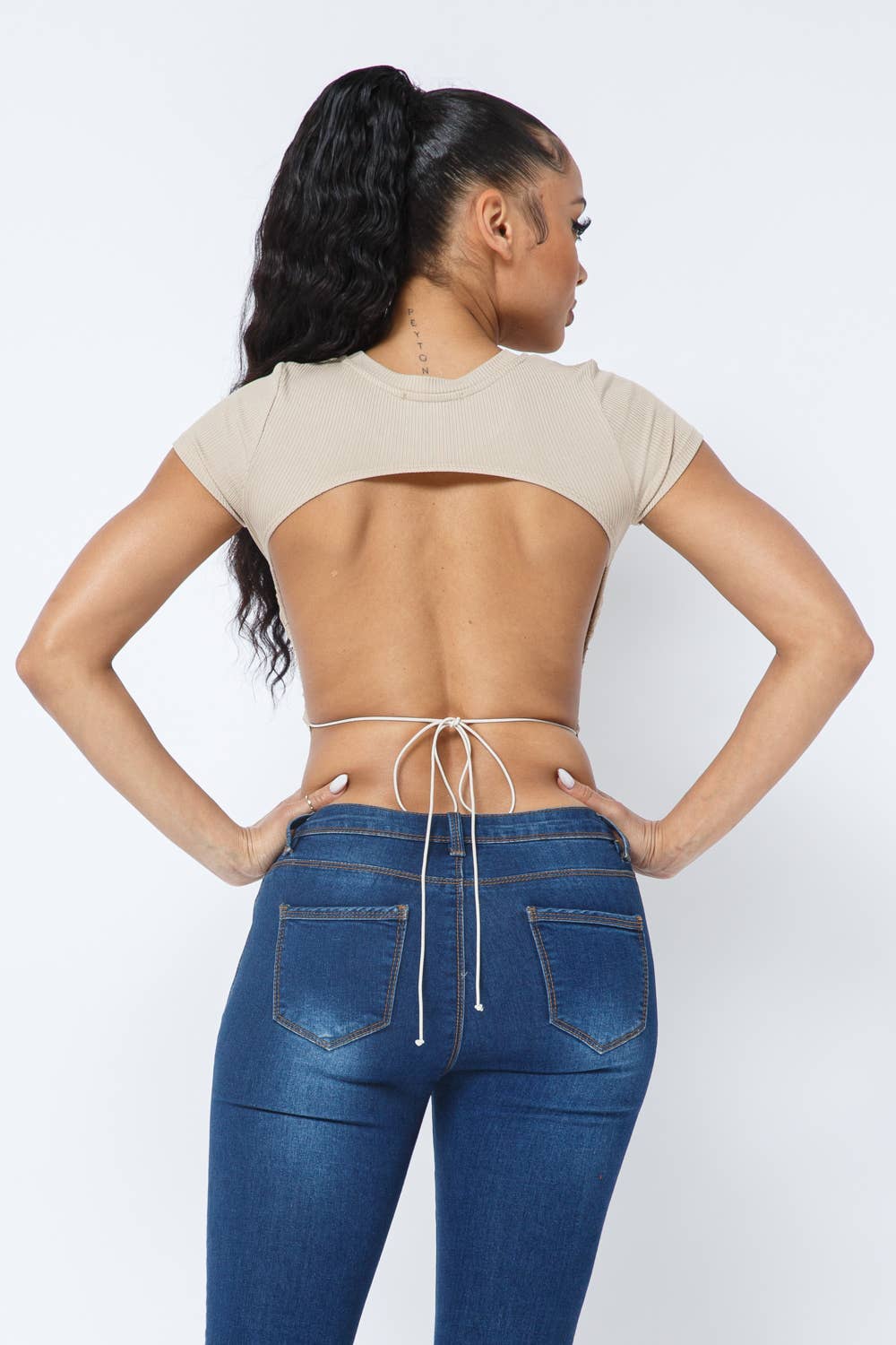 InVogue Rib Open Back String Tie Crop Top
