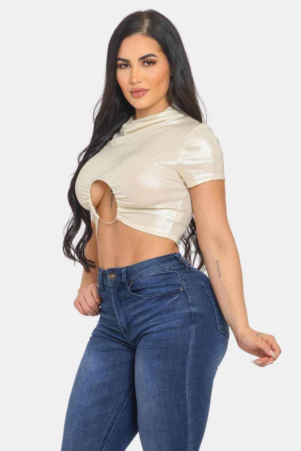 InVogue Slinky Foil Front O-Ring Cut Out Shirring Top