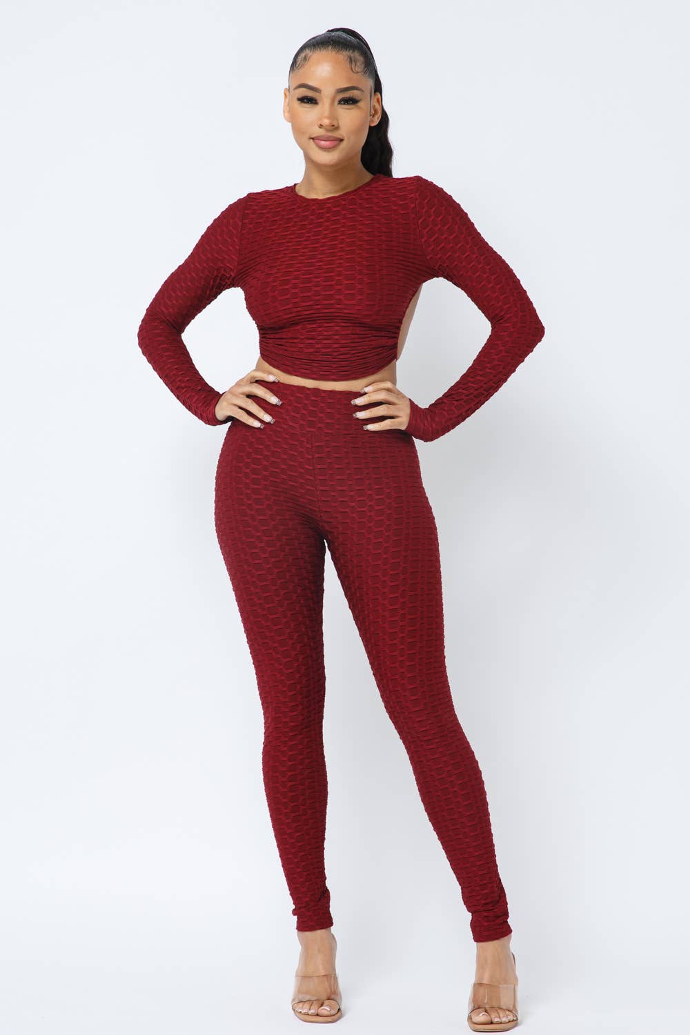 InVogue Honeycomb Open Back Tie Top and Leggings Set