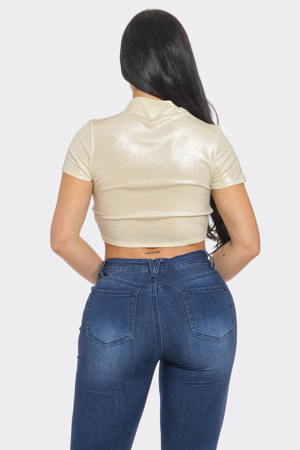 InVogue Slinky Foil Front O-Ring Cut Out Shirring Top