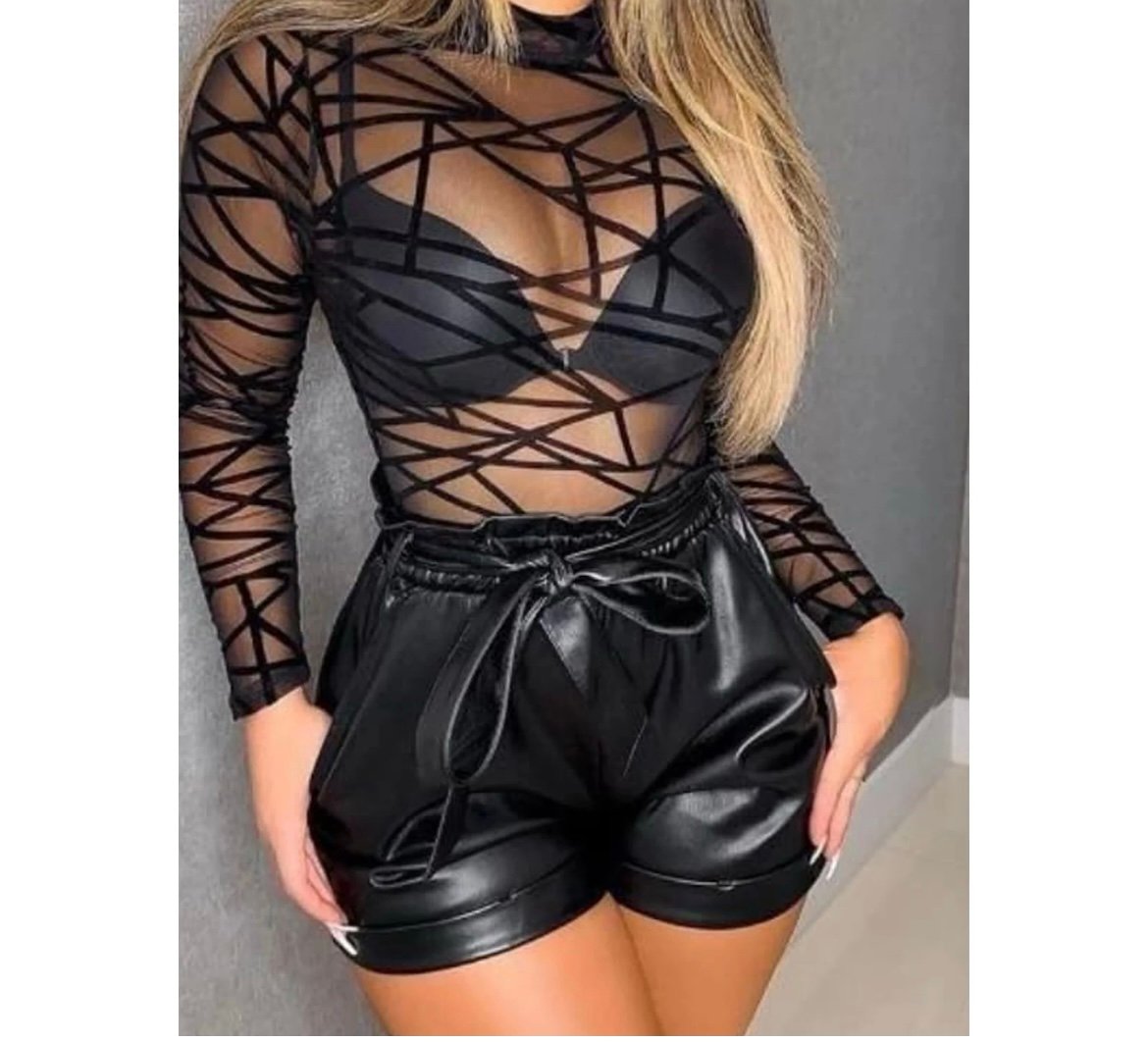 Women's Mesh See-through Tops Long Sleeve Floral Lace Rhomboid Spider