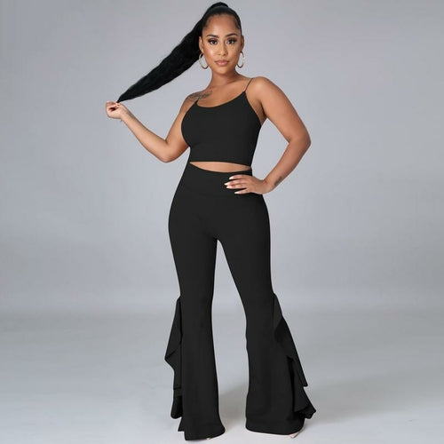 Solid Women Two Piece Outfits Straps Tank Crop Top and Ruffle Flare