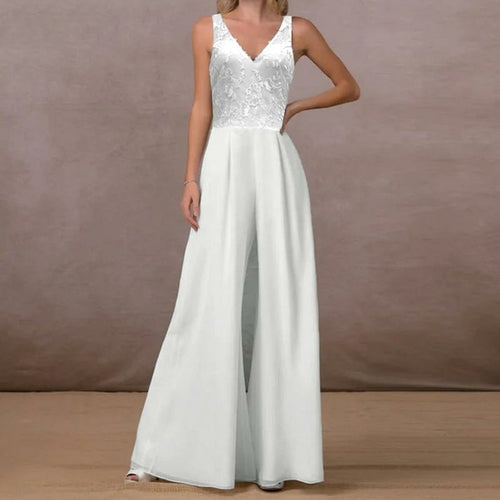 Sleeveless V-Neck Lace Patchwork Party Long Jumpsuit