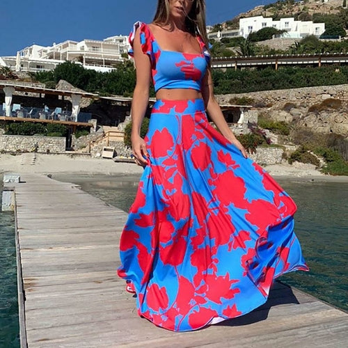 off shoulder floral printed crop top and long skirt two-piece set